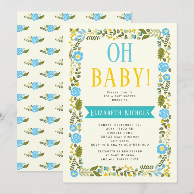 Oh Baby shower aqua and yellow floral border Invitation (Front/Back)