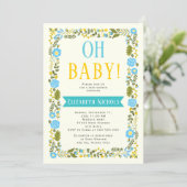 Oh Baby shower aqua and yellow floral border Invitation (Standing Front)