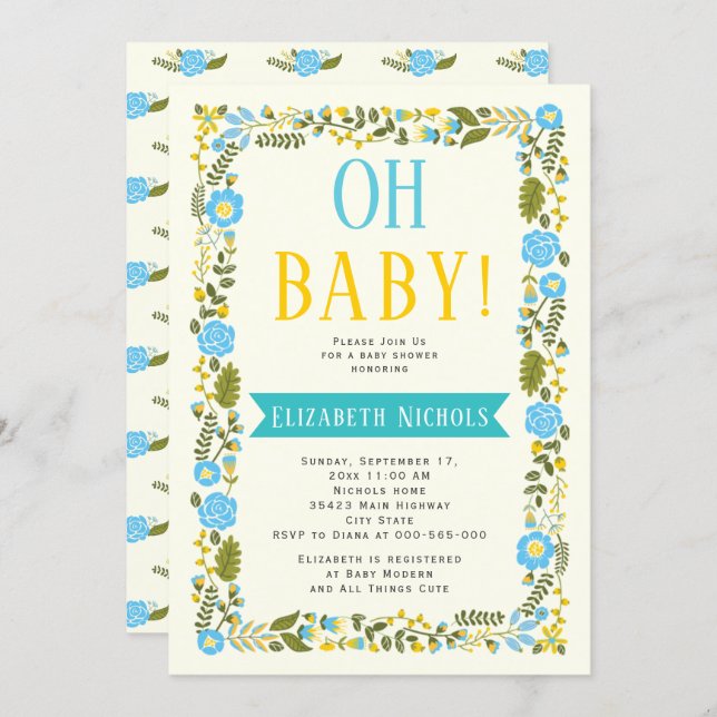 Oh Baby shower aqua and yellow floral border Invitation (Front/Back)