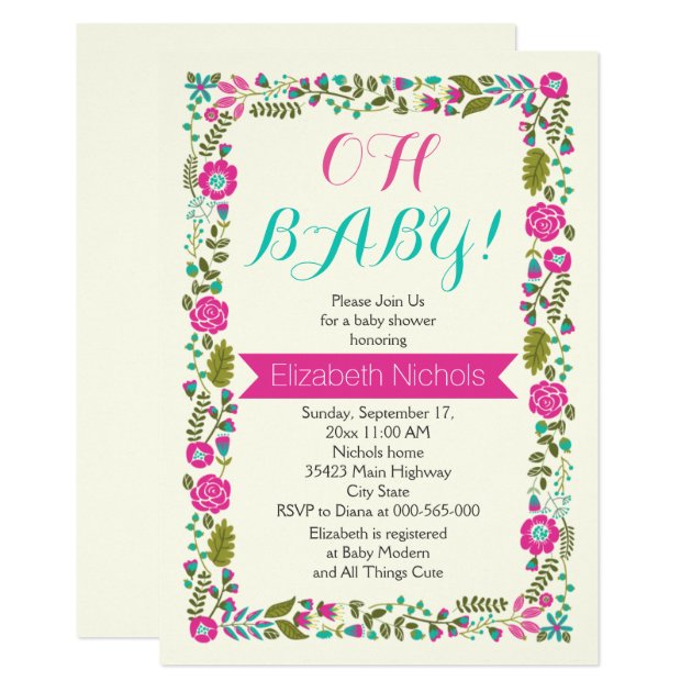 Oh Baby Shower Aqua, Pink Modern Floral Border Invitation