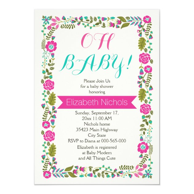 Oh Baby Shower Aqua, Pink Modern Floral Border Invitation