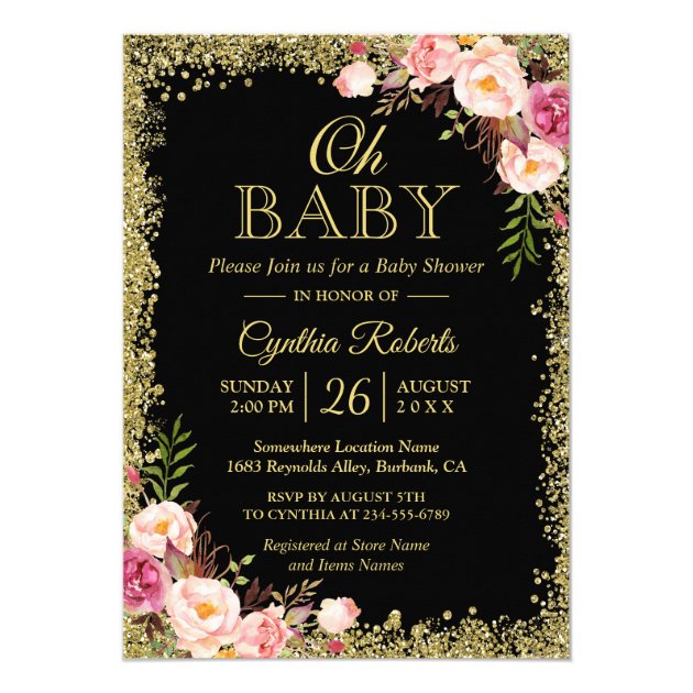 Oh Baby Shower - Black Gold Glitters Pink Floral Invitation