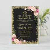 Oh Baby Shower - Black Gold Glitters Pink Floral Invitation (Standing Front)