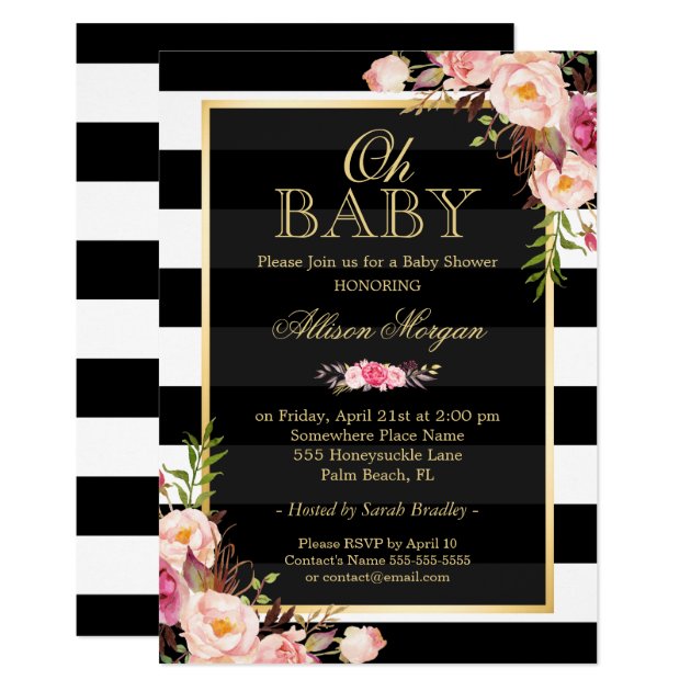 Oh Baby Shower Black Gold Vintage Floral Decor Invitation