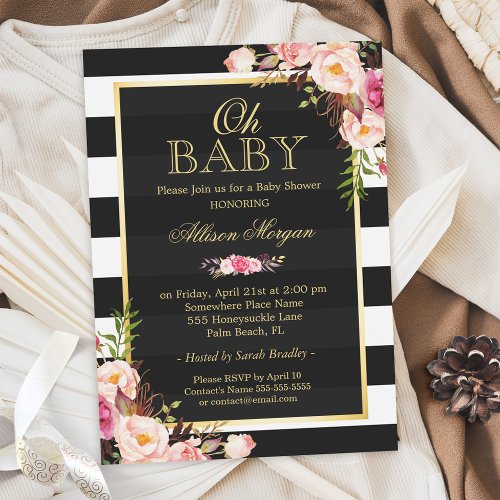 Oh Baby Shower Black Gold Vintage Floral Decor 5x7 Paper Invitation Card