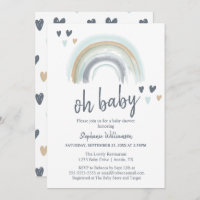 Oh Baby Shower Blue Boho Rainbow Invitation