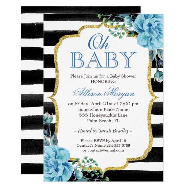 Oh Baby Shower Blue Floral Gold Black Stripes Invitation