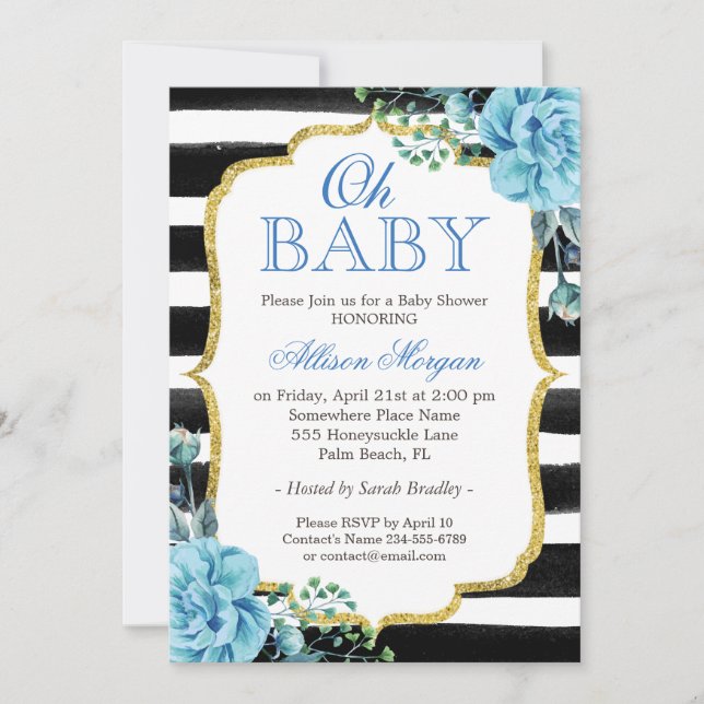 Oh Baby Shower Blue Floral Gold Black Stripes Invitation (Front)