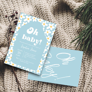 Oh Baby Shower   Blue Retro Daisy 70s invitation