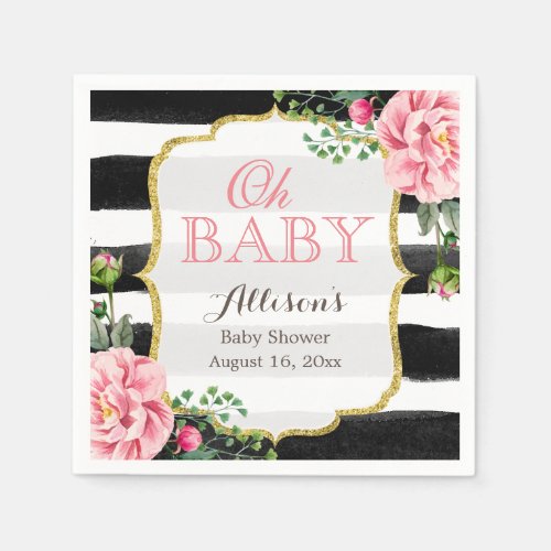 Oh Baby Shower Blush Pink Floral Gold Stripes Napkins