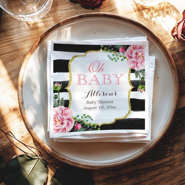Oh Baby Shower Blush Pink Floral Gold Stripes Napkins (Creator Uploaded)