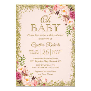 Oh Baby Shower - Blush Pink Gold Glitters Floral Card