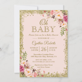 Oh Baby Shower - Blush Pink Gold Glitters Floral Invitation