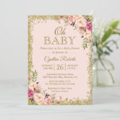 Oh Baby Shower - Blush Pink Gold Glitters Floral Invitation (Standing Front)