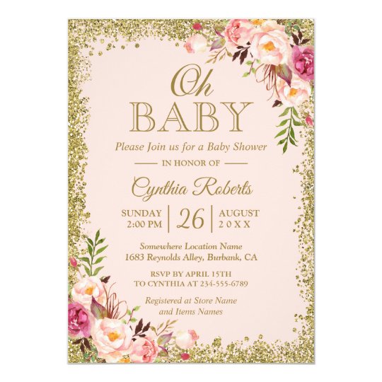 oh baby shower blush pink gold glitters floral invitation zazzle com