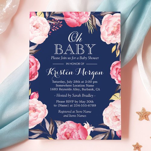 Oh Baby Shower Botanical Floral Wreath Navy Blue Card