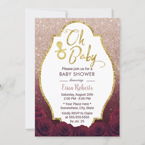 Oh Baby Shower Burgundy  Rose Gold Ombre Glitter Invitation