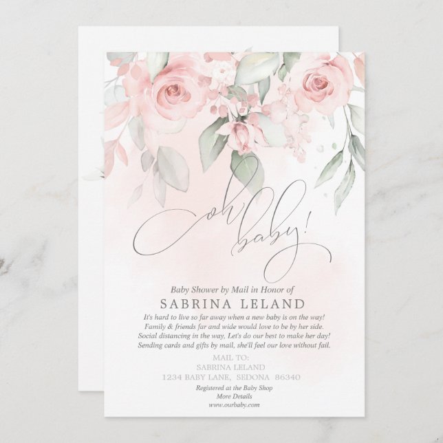 Oh Baby! Shower by Mail Vintage Blush Pink Roses Invitation (Front/Back)