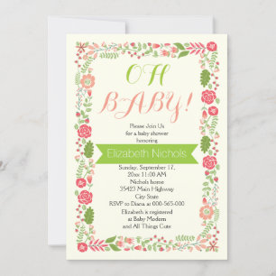 Oh Baby shower coral pink lovely floral border Invitation