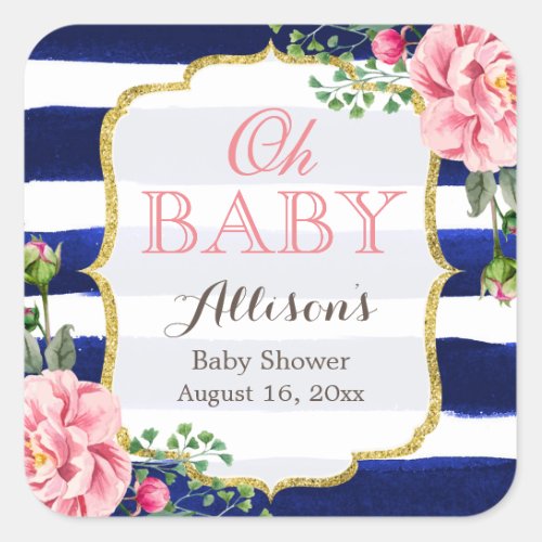 Oh Baby Shower Cute Pink Floral Navy Blue Stripes Square Sticker