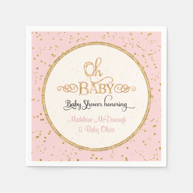 OH BABY Shower Decor Girl Glam Gold Glitter Script Paper Napkins (Front)