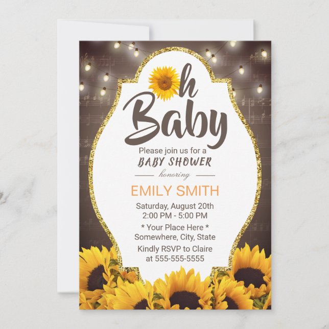 Oh Baby Shower Elegant Sunflowers & Music Invitation (Front)