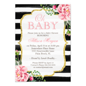 Oh Baby Shower Floral Gold Black White Stripes Card