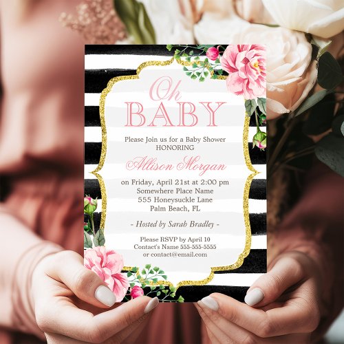 Oh Baby Shower Floral Gold Black White Stripes 5x7 Paper Invitation Card