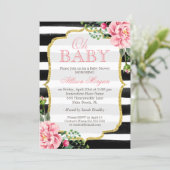 Oh Baby Shower Floral Gold Black White Stripes Invitation (Standing Front)