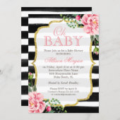 Oh Baby Shower Floral Gold Black White Stripes Invitation (Front/Back)