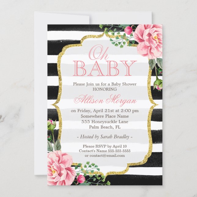 Oh Baby Shower Floral Gold Black White Stripes Invitation (Front)