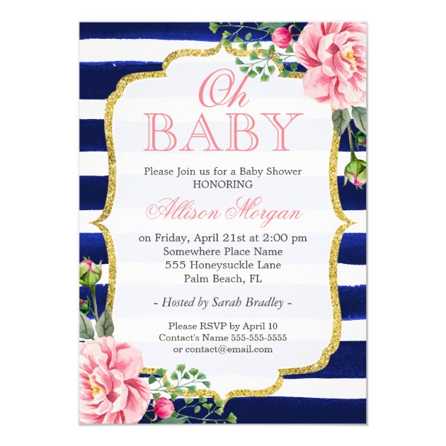 Oh Baby Shower Floral Gold Navy Blue Stripes Invitation
