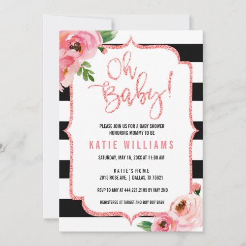 Oh Baby Shower Floral Pink Striped Invitation