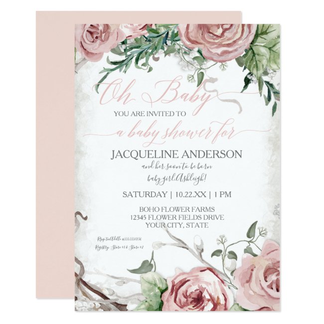 Oh Baby Shower Girl BOHO Watercolor Flower Crown Invitation