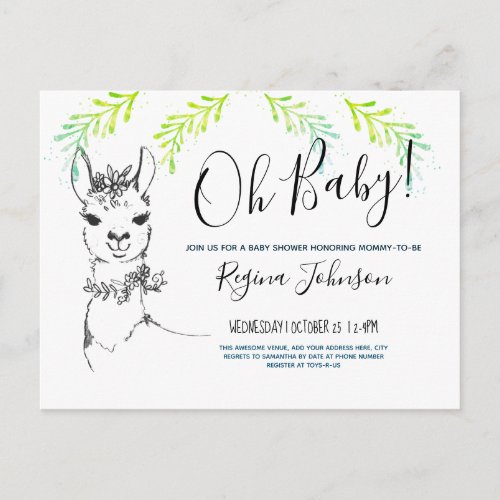 Oh Baby Shower Girl Cute llama Postcard