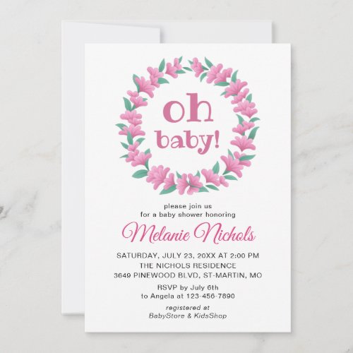 Oh Baby Shower Girl Floral Wreath Pink Invitation