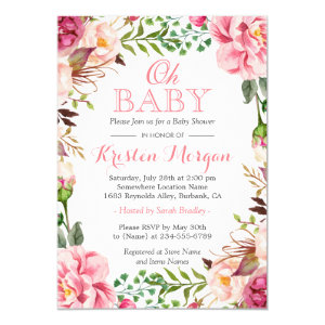 Oh Baby Shower Girly Elegant Chic Pink Flowers Card