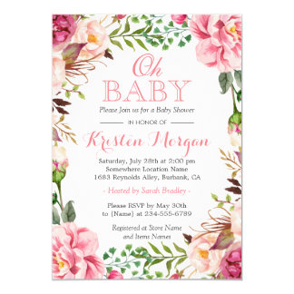 Oh Baby Shower Girly Elegant Chic Pink Flowers Card