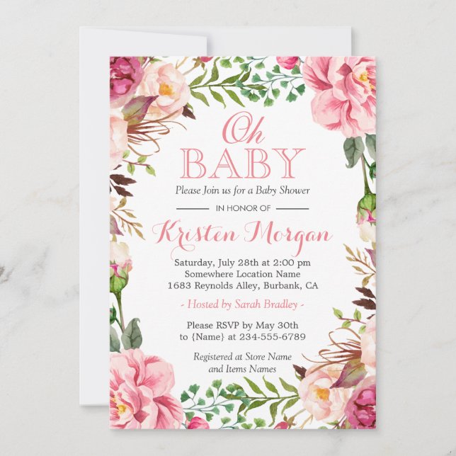 Oh Baby Shower Girly Elegant Chic Pink Flowers Invitation (Front)