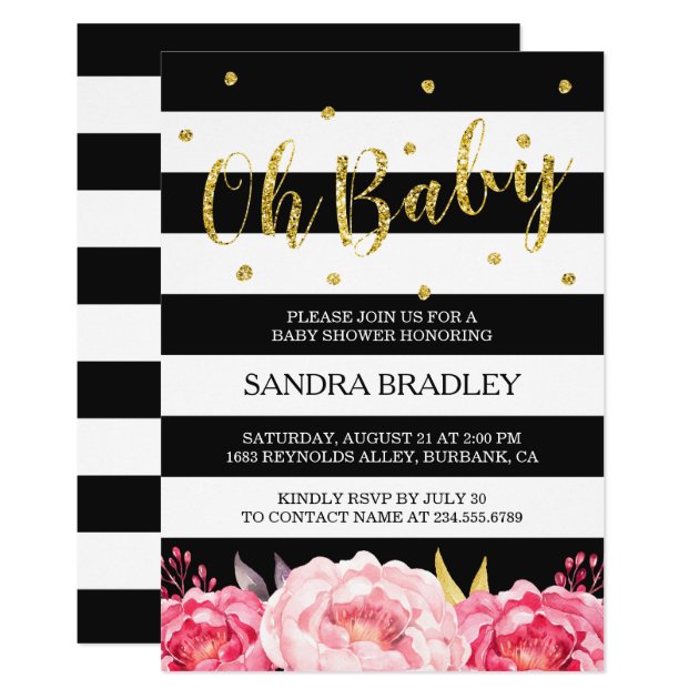 Oh Baby Shower Gold Glitter Dots Floral Stripes Invitation