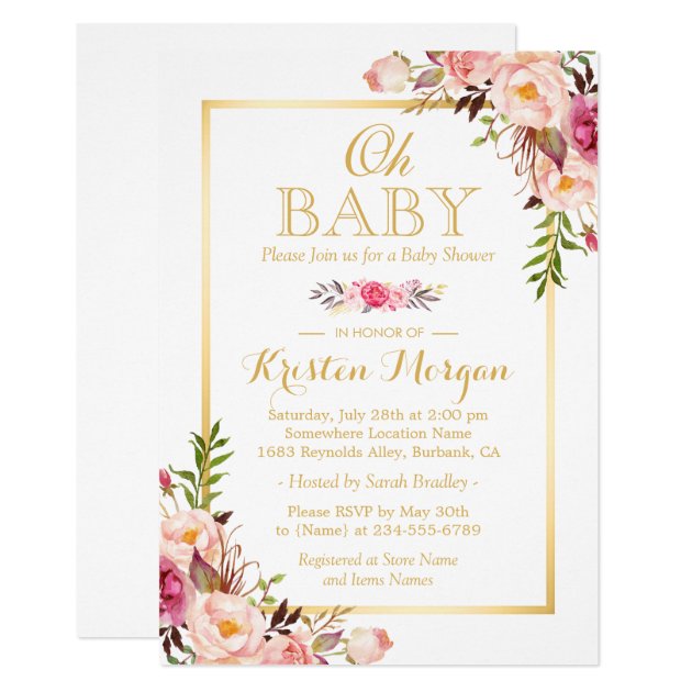 Oh Baby Shower Graceful Chic Floral Gold Frame Invitation