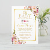 Oh Baby Shower Graceful Chic Floral Gold Frame Invitation (Standing Front)