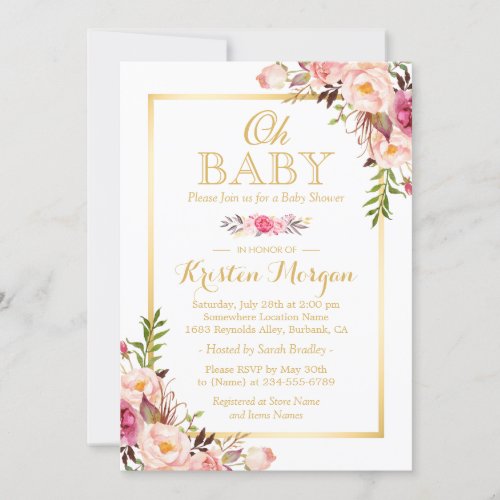 Oh Baby Shower Graceful Chic Floral Gold Frame Card