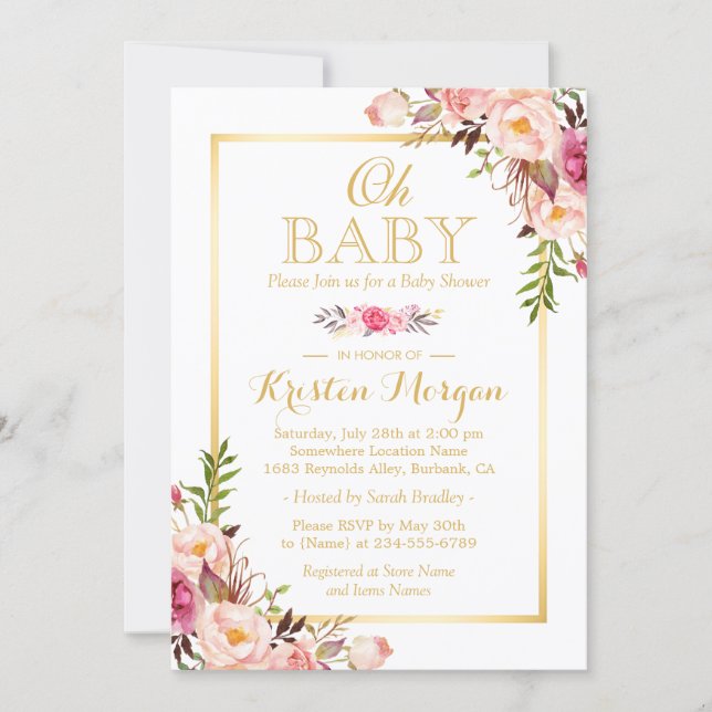 Oh Baby Shower Graceful Chic Floral Gold Frame Invitation (Front)