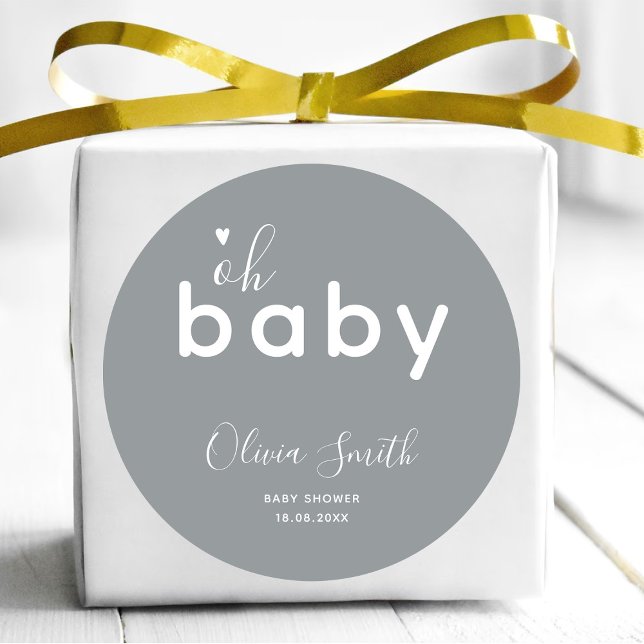 Oh Baby Shower Gray Classic Round Sticker (Creator Uploaded)
