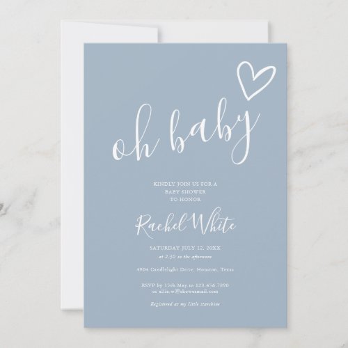 Oh Baby Shower Heart Dusty Blue Minimalist Invitation