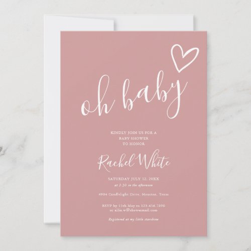 Oh Baby Shower Heart Dusty Rose Pink Minimalist Invitation