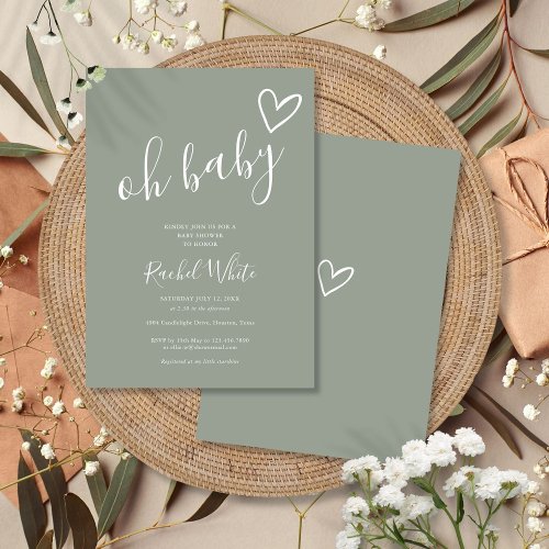 Oh Baby Shower Heart Sage Green Minimalist Invitation