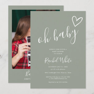 Oh Baby Shower Heart Sage Green Neutral Photo Invitation