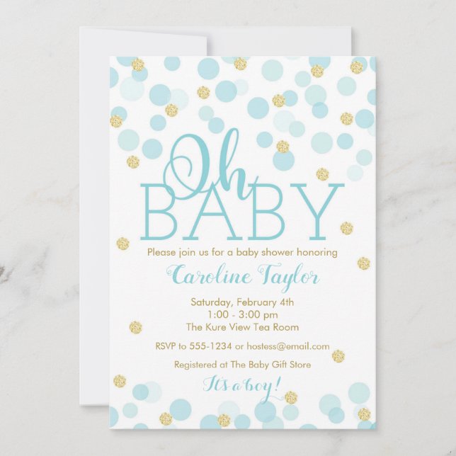 Oh Baby Shower Invitation Boy Blue Gold Glitter (Front)